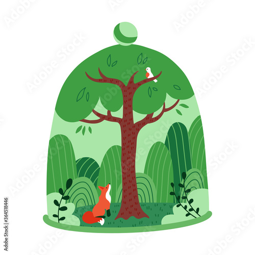 Green tree forest with fox under a transparent glass dome. Save the forest and nature concept. Bad influence on the environment. Flat vector cartoon illustration.