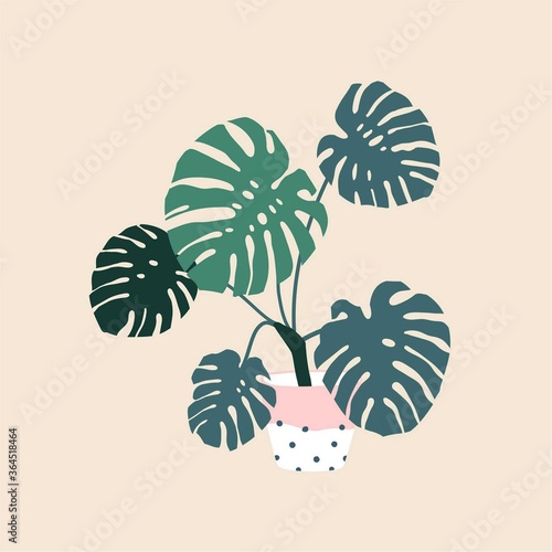 Monstera in ceramic flowerpot. Houseplant isolated. Trendy hugge style, urban jungle decor. Hand drawn sketch, naive art. Print, poster, banner, wallpaper. Logo, label. Green, blue, pink pastel colors