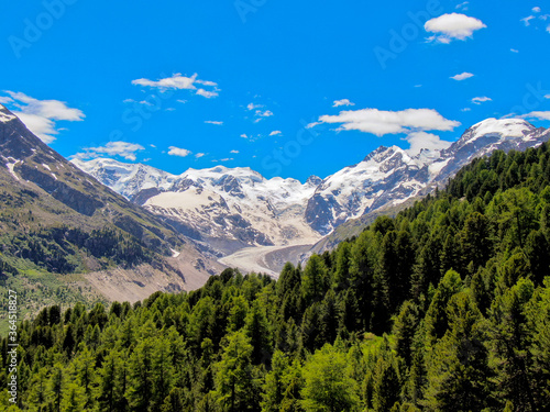 aerial panorama of engadin mountains/ morteratsch switzerland during summer with snow covered mountains