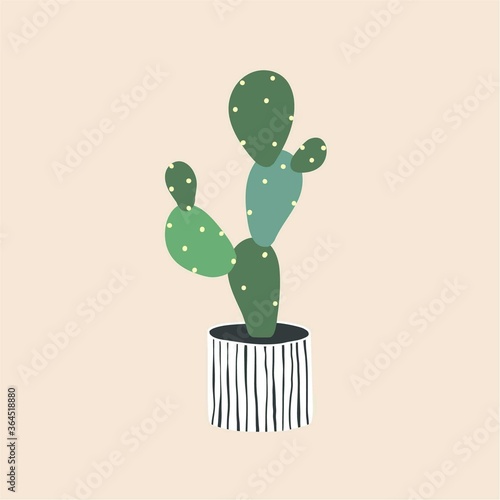 Cactus iin ceramic flowerpot. Houseplant isolated. Trendy hugge style, urban jungle decor, gift. Hand drawn sketch. Print, poster, banner, wallpaper. Logo, label. Green, white, beige pastel colors
