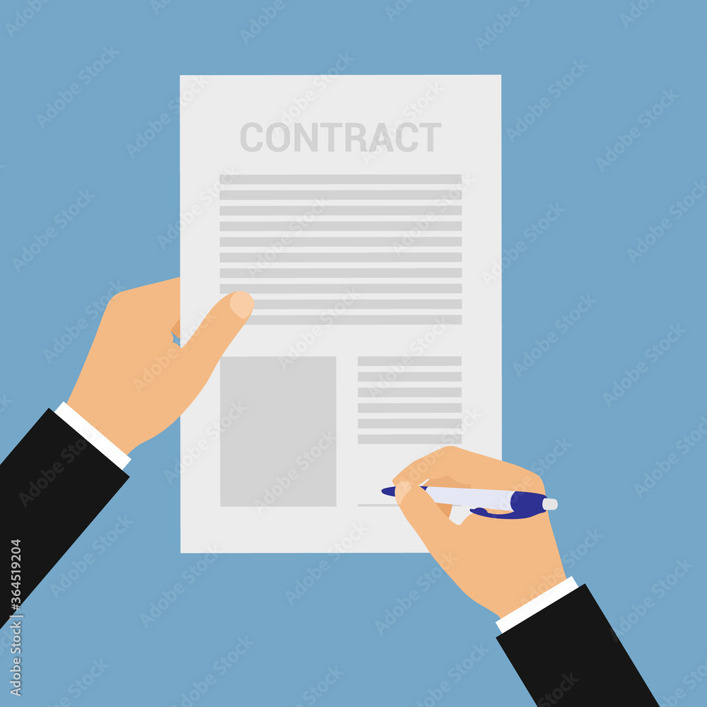 Flat design illustration of a male hand of a manager holding a ballpoint pen. Signing a contract on a sheet of paper. Isolated on blue background, vector Flat design illustration of a male hand of a manager holding a ballpoint pen. Signing a contract on a sheet of paper. Isolated on blue background, vector