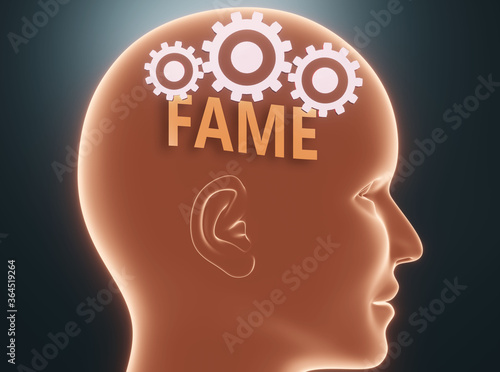 Fame inside human mind - pictured as word Fame inside a head with cogwheels to symbolize that Fame is what people may think about and that it affects their behavior, 3d illustration