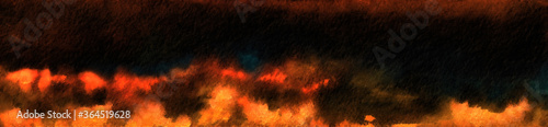 Burning flame landscape. Watercolor painting. Burning night field and black sky.