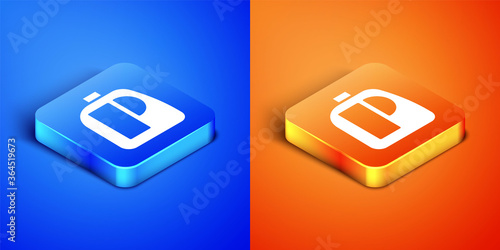 Isometric Plastic bottles for laundry detergent, bleach, dishwashing liquid or another cleaning agent icon isolated on blue and orange background. Square button. Vector Illustration.