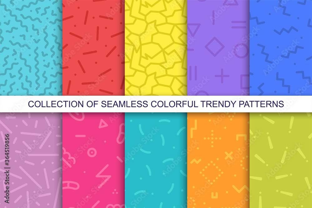 Collection of bright colorful seamless patterns - memphis design. Trendy vibrant vector backgrounds. Fashion retro style 80-90s - obrazy, fototapety, plakaty 