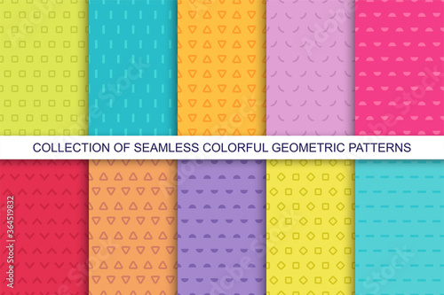 Collection of simple seamless geometric patterns - bright colorful minimalistic design. Vibrant vector backgrounds