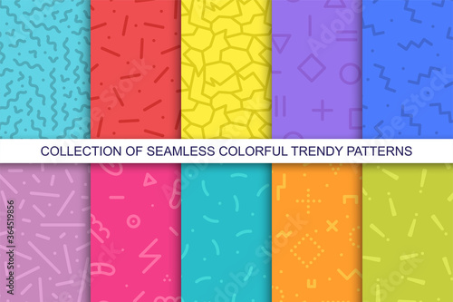 Collection of bright colorful seamless patterns - memphis design. Trendy vibrant vector backgrounds. Fashion retro style 80-90s