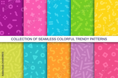 Collection of trendy seamless bright vector patterns - memphis design. Colorful creative backgrounds - retro fashion style 80-90s