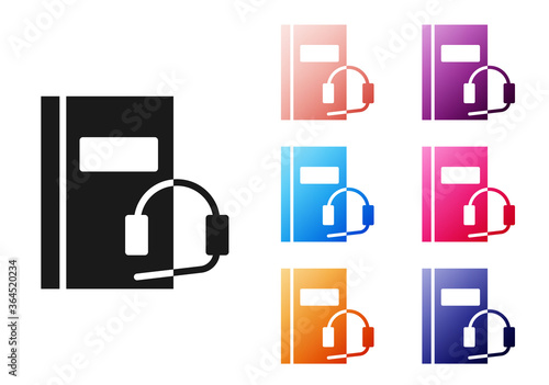 Black Audio book icon isolated on white background. Book with headphones. Audio guide sign. Online learning concept. Set icons colorful. Vector Illustration.