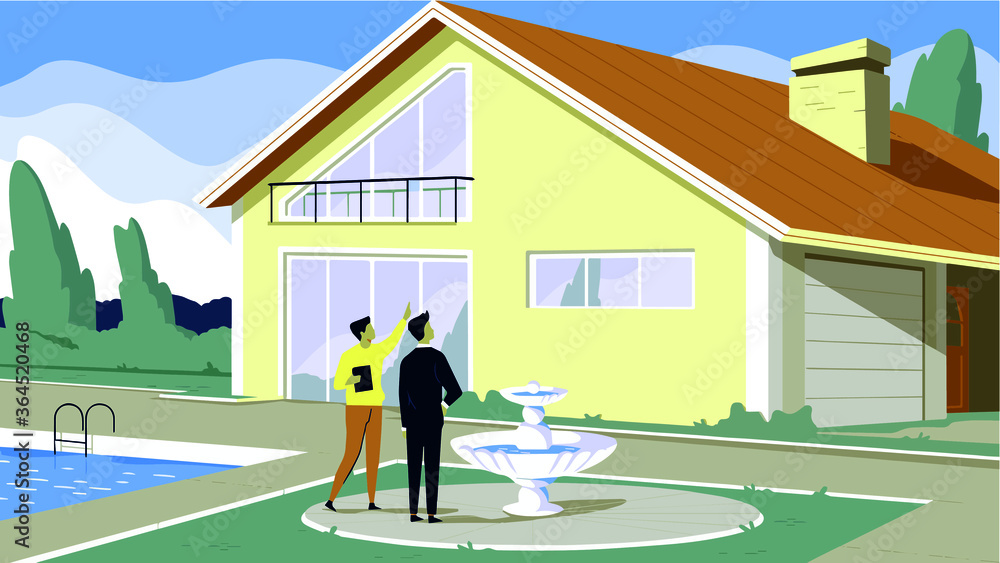 private house in the garden which is a fountain and a pool, next to the fountain are two men. private house in the garden which is a fountain and a pool, next to the fountain are two men.