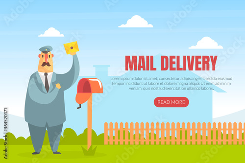 Mail Delivery Landing Page Template, Cheerful Postman Delivering Letter Web Page, Mobile App, Homepage Vector Illustration