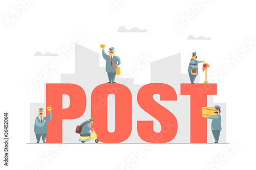 Post Big Word with Postmen in Uniform Delivering Parcels and Letters, Express Delivery Service Vector Illustration