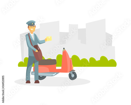 Cheerful Postman in Uniform Delivering Letters Using Motorbike, Express Delivery Service Vector Illustration