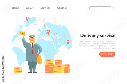 Delivery Service Landing Page Template, Cheerful Postman in Uniform Delivering Parcels Web Page, Mobile App, Homepage Vector Illustration