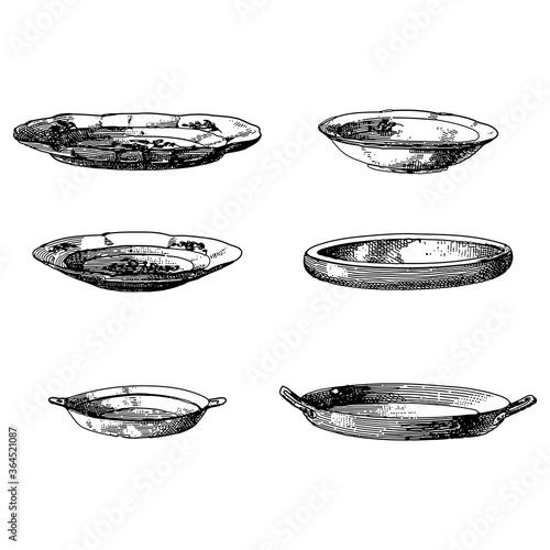 Vintage engraving set of plates and pots