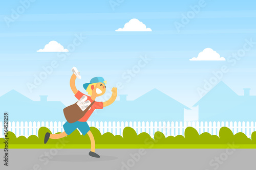 Smiling Boy Courier with Mailbag Delivering Newspapers, Courier Running on Summer Landscape Vector Illustration