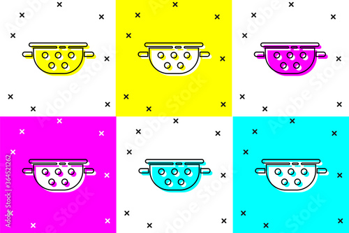 Set Kitchen colander icon isolated on color background. Cooking utensil. Cutlery sign. Vector.
