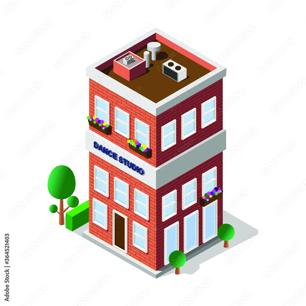 High brick building, the style is isometric. With trees and a facade. Signboard dance Studio.eps