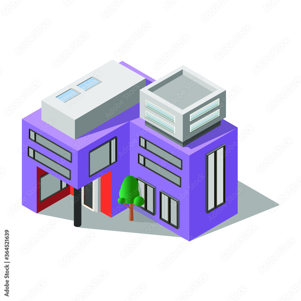Modern purple house with a facade, isometry. Megalopolis. Architecture.eps Modern purple house with a facade, isometry. Megalopolis. Architecture.eps