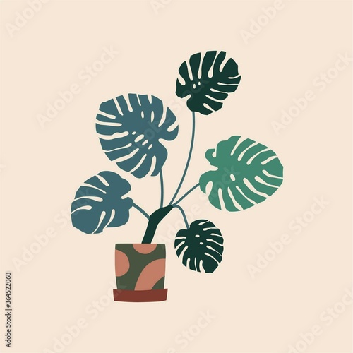 Monstera in ceramic flowerpot. Houseplant isolated. Trendy hugge style, urban jungle decor. Hand drawn sketch, naive art. Print, poster, banner, wallpaper. Logo, label. Green, brown, blue pastel color