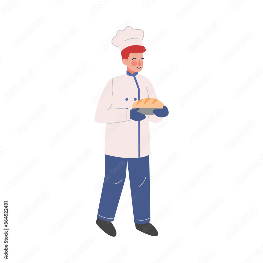 Professional Chef Character with Freshly Baked Bread, Baker Wearing Traditional Uniform Working in Restaurant or Cafe, Vector Illustration