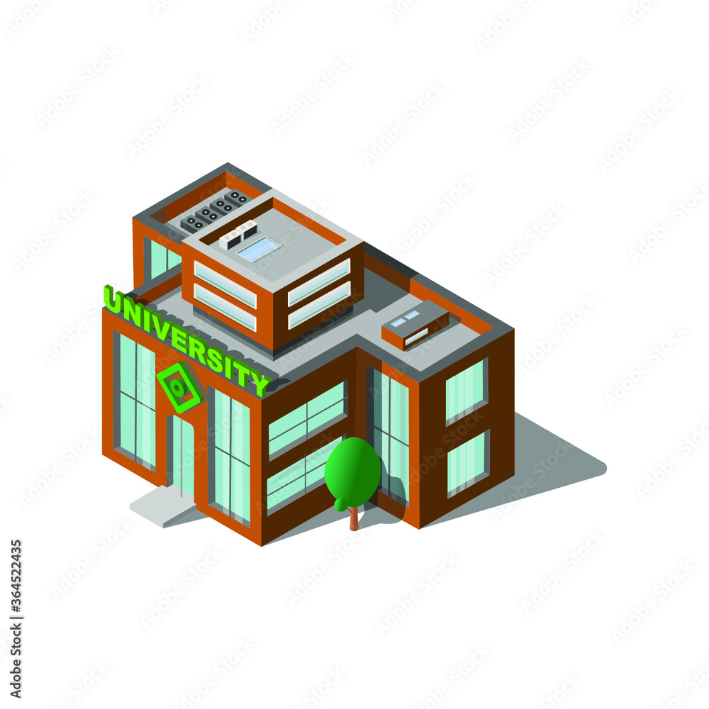 Fototapeta premium Isometric brown two-storey house with glass doors. Vector graphics, isometry. Municipal building. University building.eps