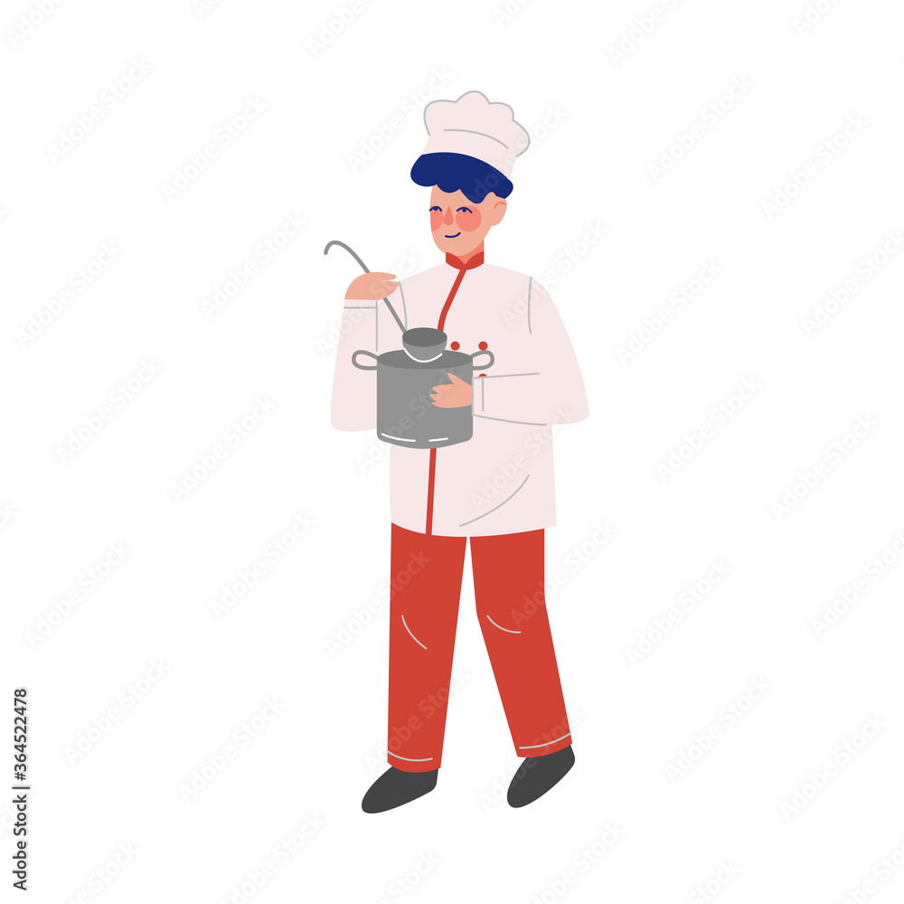 Man Professional Chef Character with Saucepan and Laddle, Male Kitchener Wearing Traditional Uniform Working in Restaurant or Cafe, Vector Illustration Man Professional Chef Character with Saucepan and Laddle, Male Kitchener Wearing Traditional Uniform Working in Restaurant or Cafe, Vector Illustration