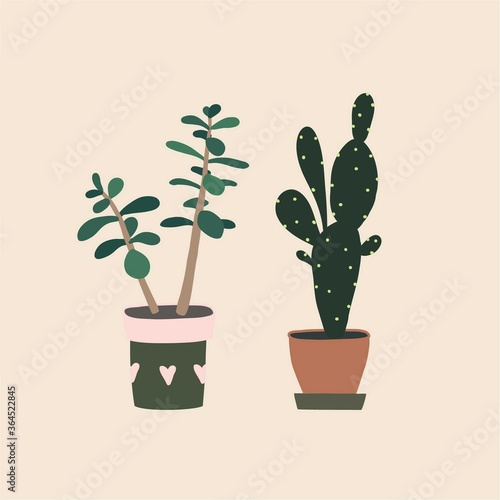 Cactus and succulent in flowerpot. Houseplant isolated. Trendy hugge style, urban jungle decor gift. Hand drawn sketch, naive art. Print, poster, banner. Logo, label. Green, pink, brown pastel color