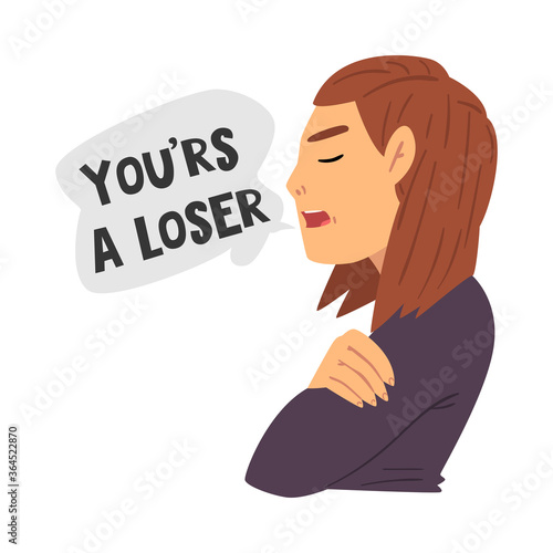 You Are a Looser, Teen Problem, Depressed Teenager Girl in Stressful Situation Vector Illustration