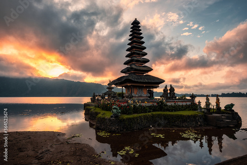 Sunrise on Ancient temple of Pura Ulun Danu Bratan on lake at Bali