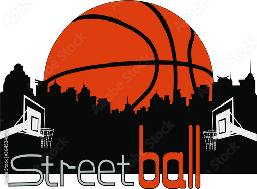 
street basketball vector illustration in the form of an inscription on the background of the city and a basketball