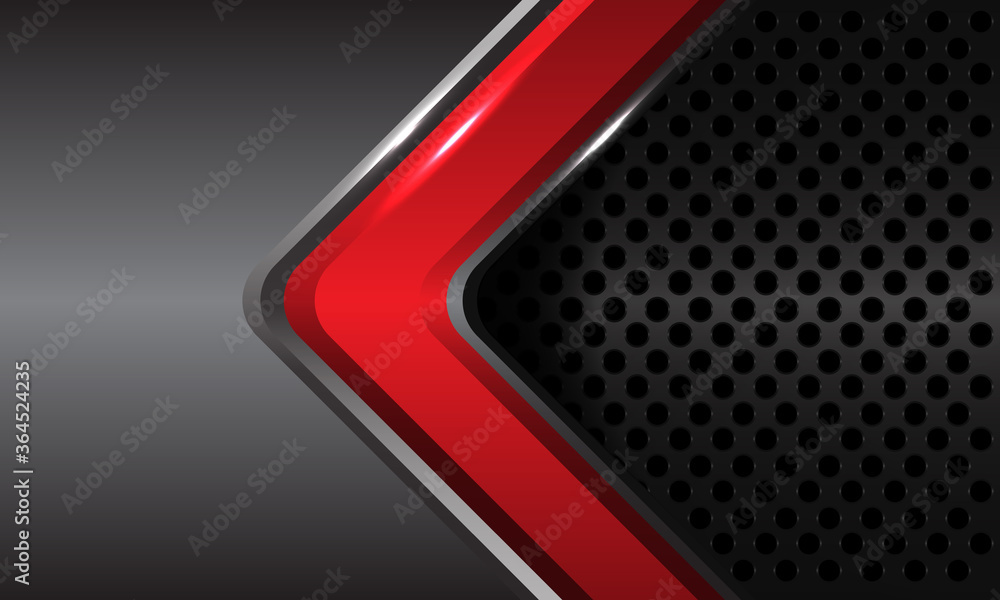 Abstract red glossy arrow direction on grey metallic with circle mesh pattern design modern futuristic technology luxury background texture vector illustration. 
