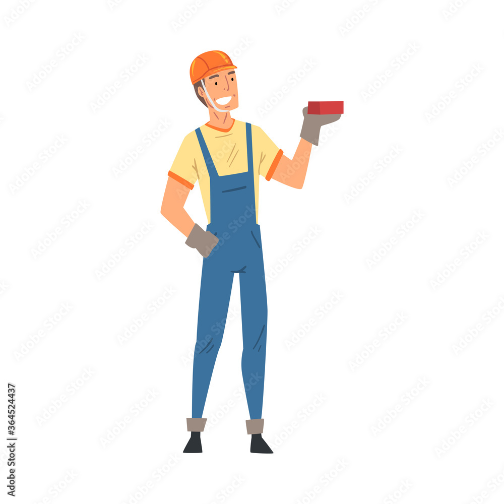 Male Builder, Construction Worker Character in Blue Overalls Standing with Brick Vector Illustration on White Background