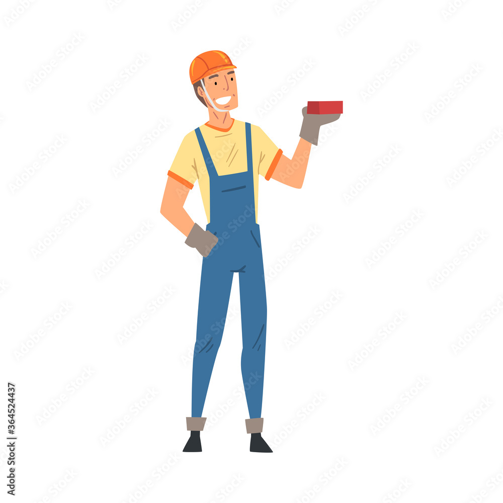 Male Builder, Construction Worker Character in Blue Overalls Standing with Brick Vector Illustration on White Background Male Builder, Construction Worker Character in Blue Overalls Standing with Brick Vector Illustration on White Background