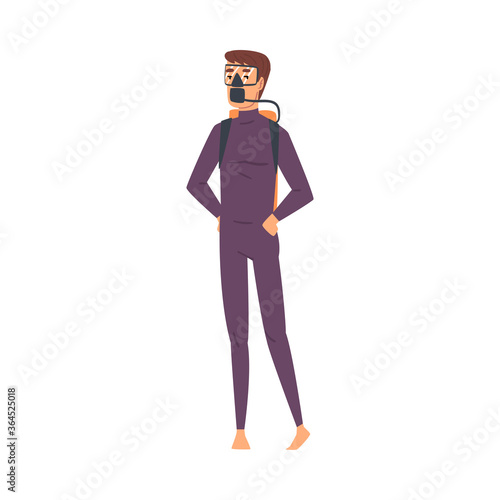 Male Scuba Diver, Full Length of Man in Diving Suit and Mask Standing on the Beach Vector Illustration on White Background