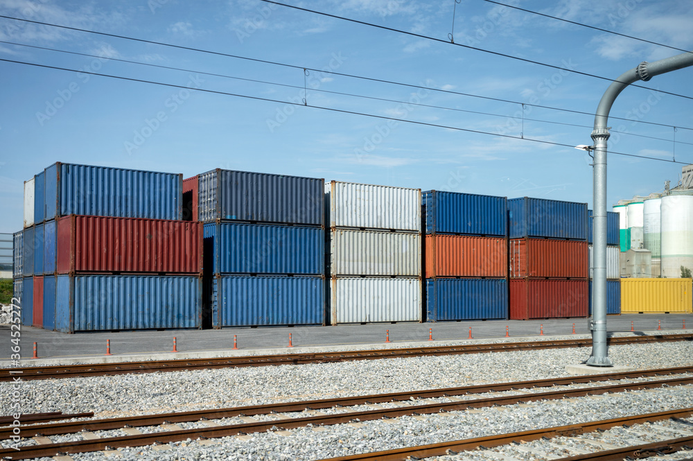 Stacked of container cargo with rainway in container terminal Stacked of container cargo with rainway in container terminal