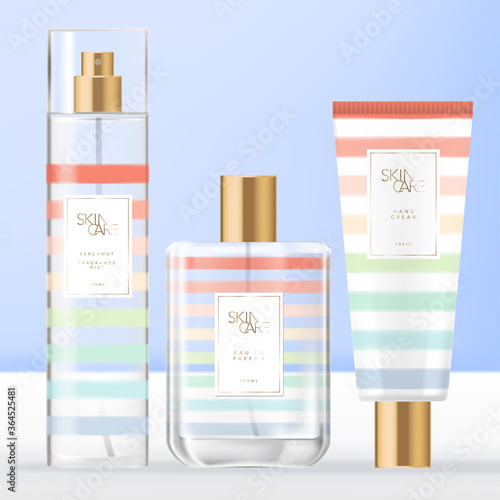 Vector Summer Theme Toiletries, Beauty or Fragrance Set with Perfume Bottle, Body or Facial Mist Spray Bottle & Hand Cream Tube Packaging with Rainbow Stripe Pattern Design.