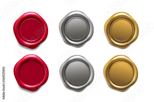 Wax seal set. Golden, red and silver wax stamps