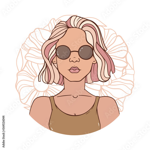 Portrait of a girl in round sunglasses. Pink hair, makeup. Abstract background of flowers. Graphic artwork, sticker design, banner, poster. Vector illustration in retro style. Hippie, funk, fashion.