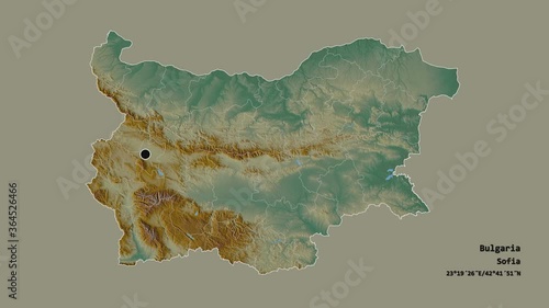 Ruse, province of Bulgaria, with its capital, localized, outlined and zoomed with informative overlays on a relief map in the Stereographic projection. Animation 3D photo