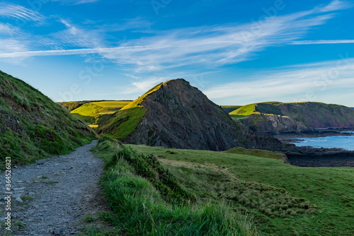 Footpath along Cornwall seaside with green steep hills and blue sky during sunrise