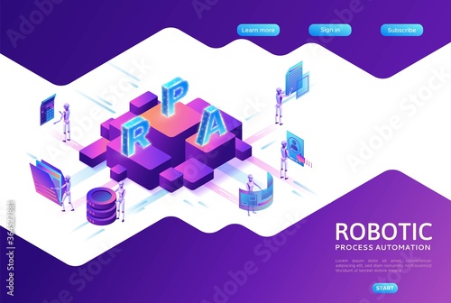 Robotic process automation landing page template with robots working with data, arms moving files, extracting information from websites, digital technology service, 3d isometric vector illustration