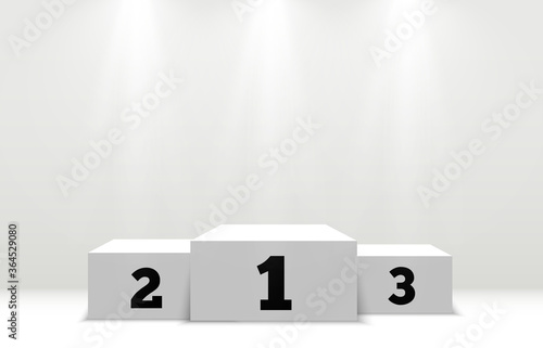 White podium or platform with spotlights. A pedestal for rewarding the winners.