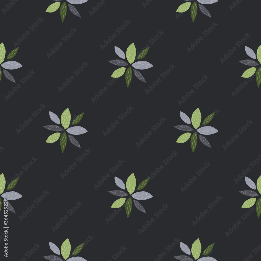 Obraz premium Geometric flowers abstract seamless pattern. Dark background, blue and green elements. Simple design.