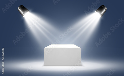 White podium or platform with spotlights. A pedestal for rewarding the winners.