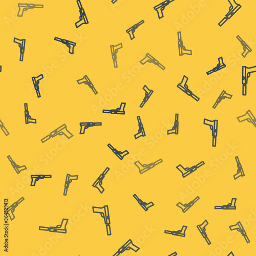 Blue line Pistol or gun with silencer icon isolated seamless pattern on yellow background. Vector Illustration.