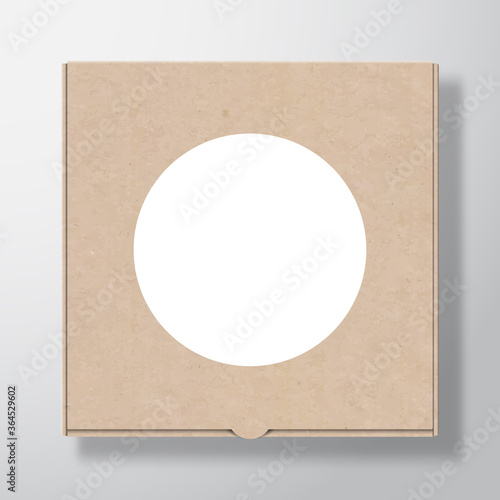 Craft Cardboard Pizza Box Container with Clear White Round Label Template. Realistic Carton Texture Paper Packaging Mock Up with Soft Shadow.