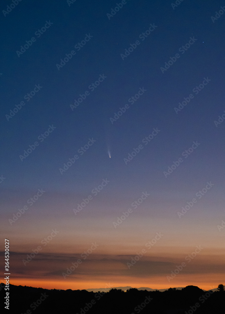 Comet Neowise above a beautiful sunrise in Catalonia. 