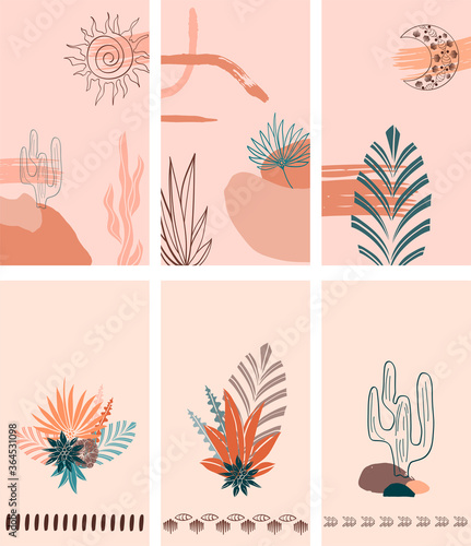 Boho Social Media Stories Layout Set. Abstract vector set of linear template in bohemian style for womenly profile, social media, mobile app. Abstract trendy boho story with moon, sun, cactus, flower