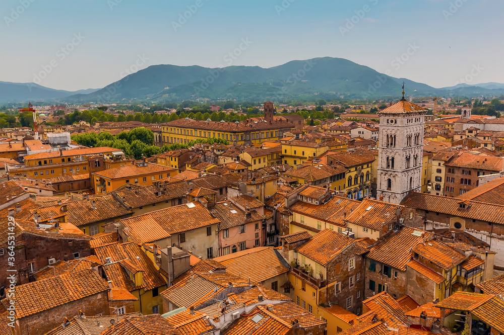 A view over the terracotta roof tops towards the Napolean Square in Lucca, Italy in summer